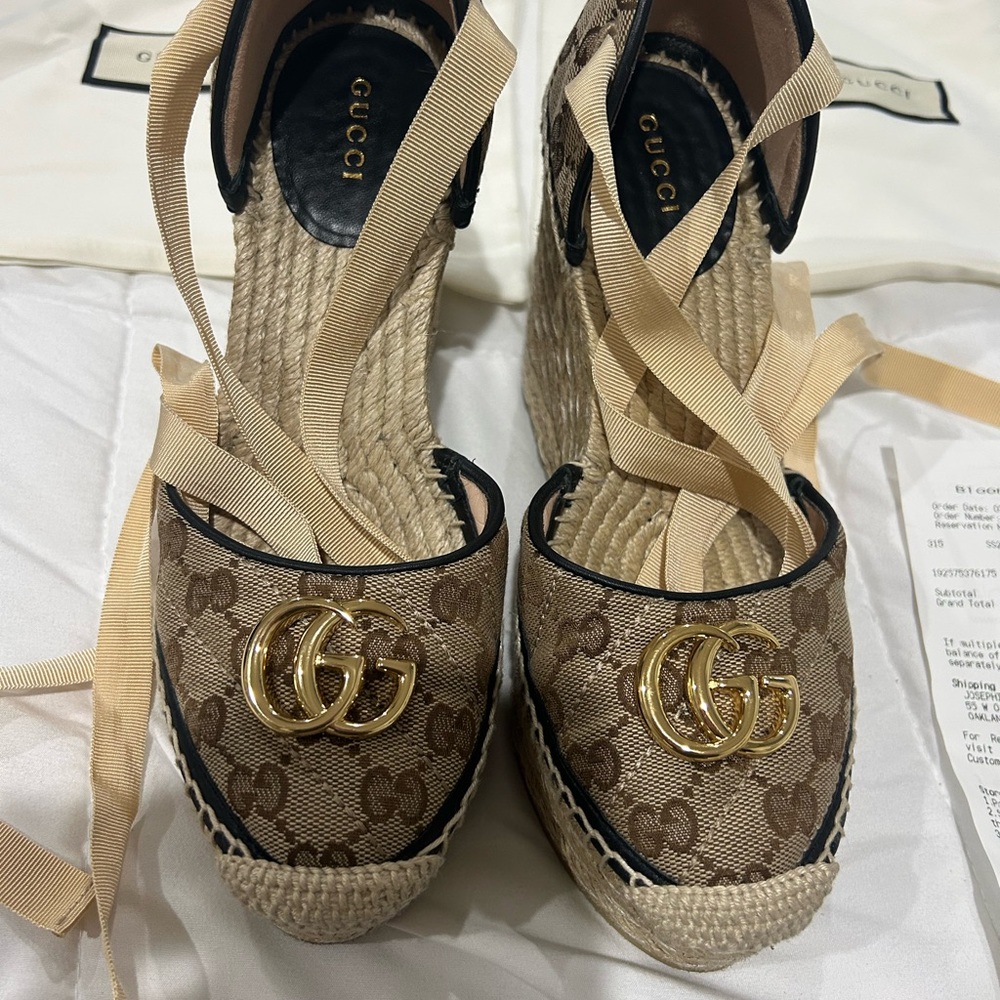 Gucci Brown Monogram Espadrille Wedges